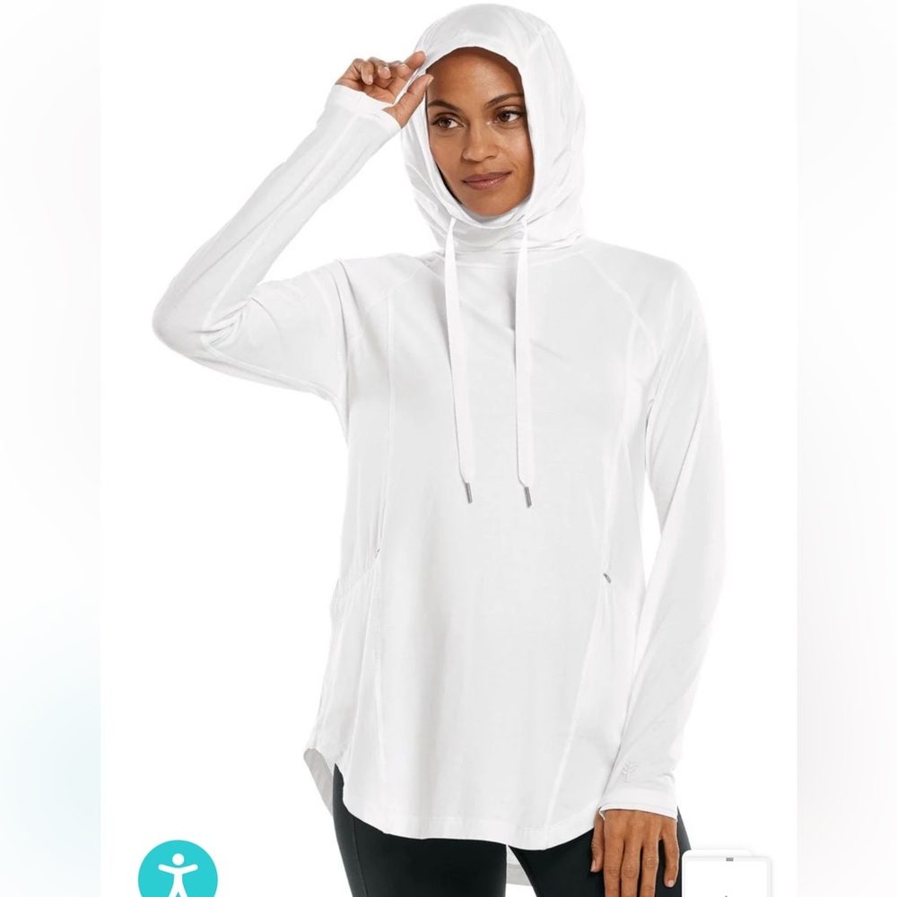 Coolibar hoodie white thumb holes pockets sun protection
